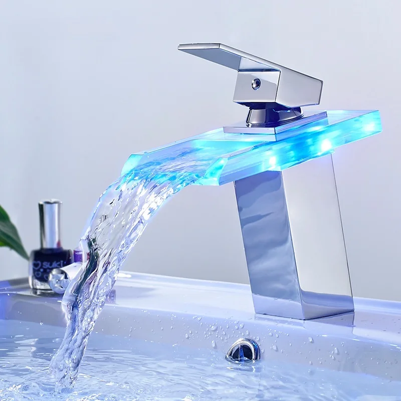 

Светодиодный смеситель для раковины, латунный кран для ванной комнаты, меняет цвет от температуры воды, стеклянные краны для мойки