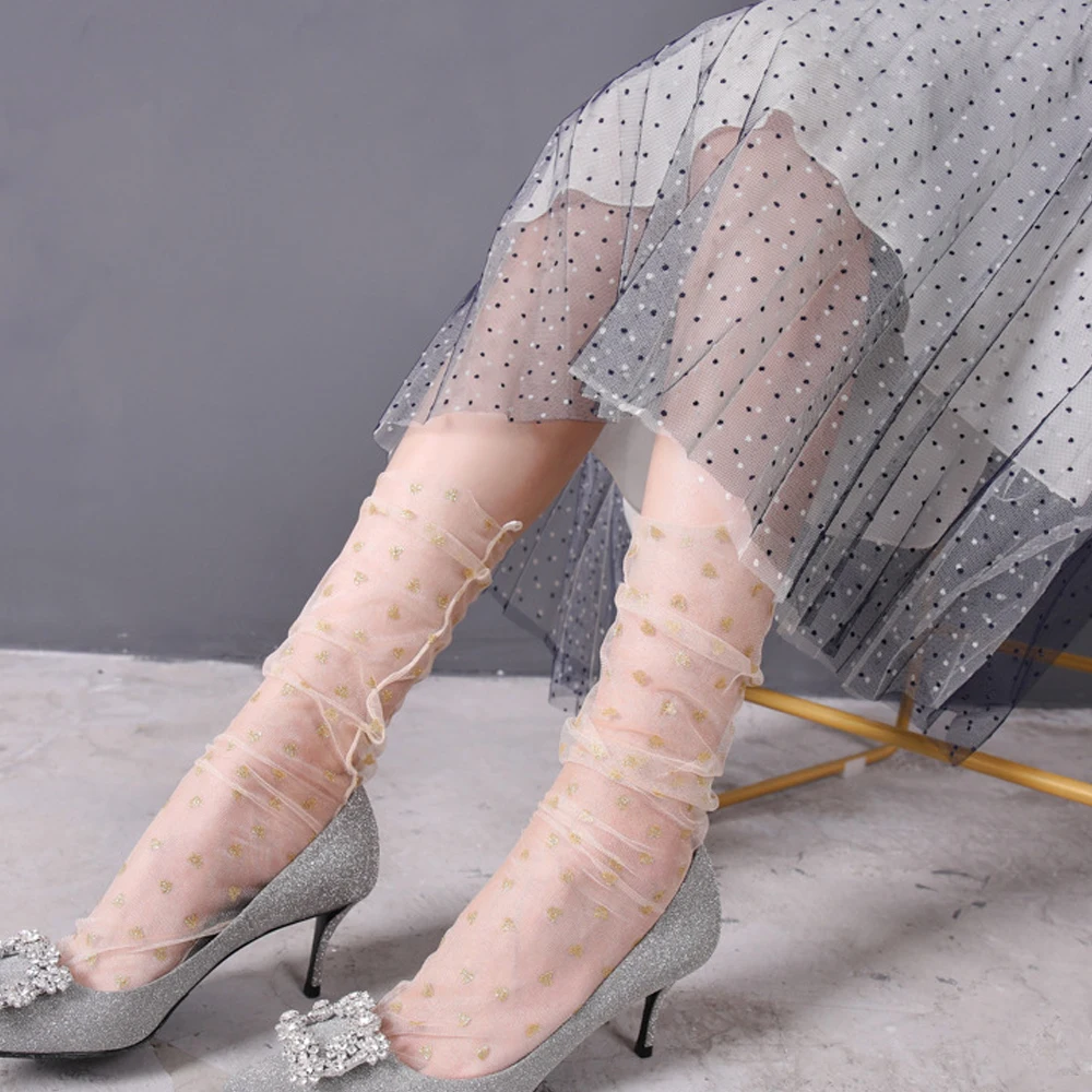 

Women Ultra-thin Socks Sweet Girl Fashion Summer Transparent Breathable Socks Bronzing Love Heart Mesh Thin Socks