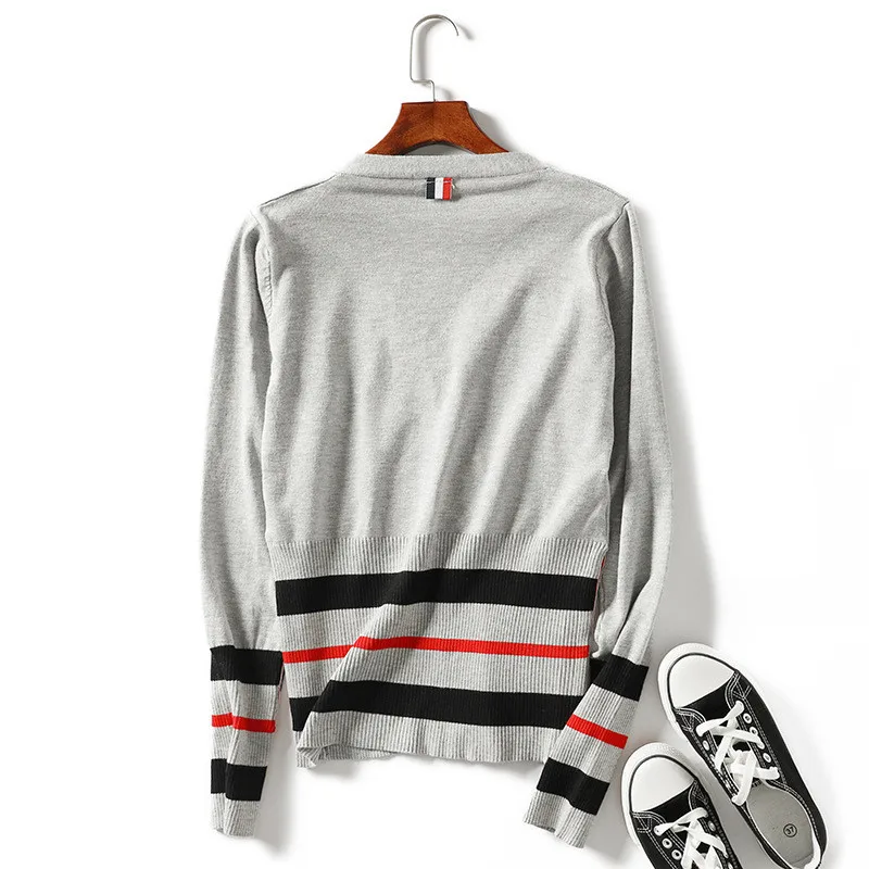 autumn and winter new style V-neck slim long-sleeved Korean knitted women's striped cardigan sweater women |