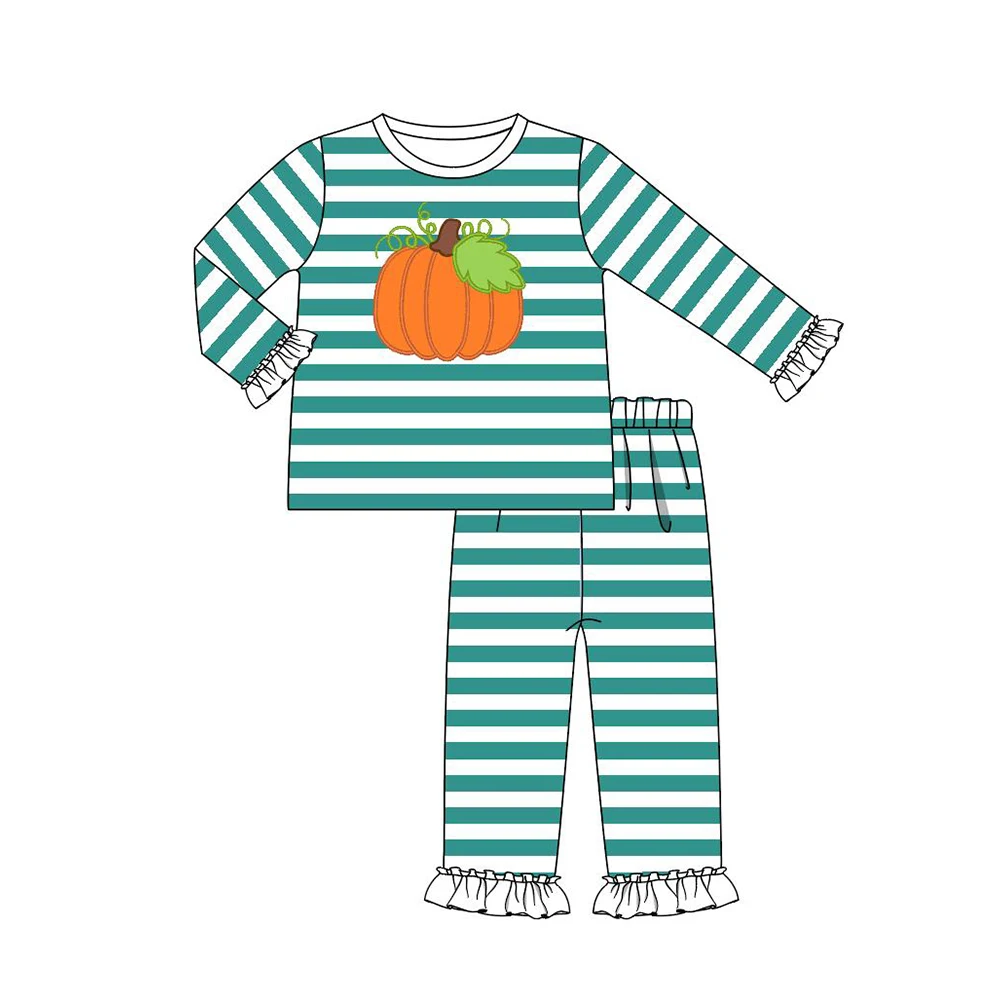 

Autumn Clothes Green Striped Long Sleeve Top And Green Striped Trousers Halloween Pumpkin Embroidery Pattern Girls Pajamas