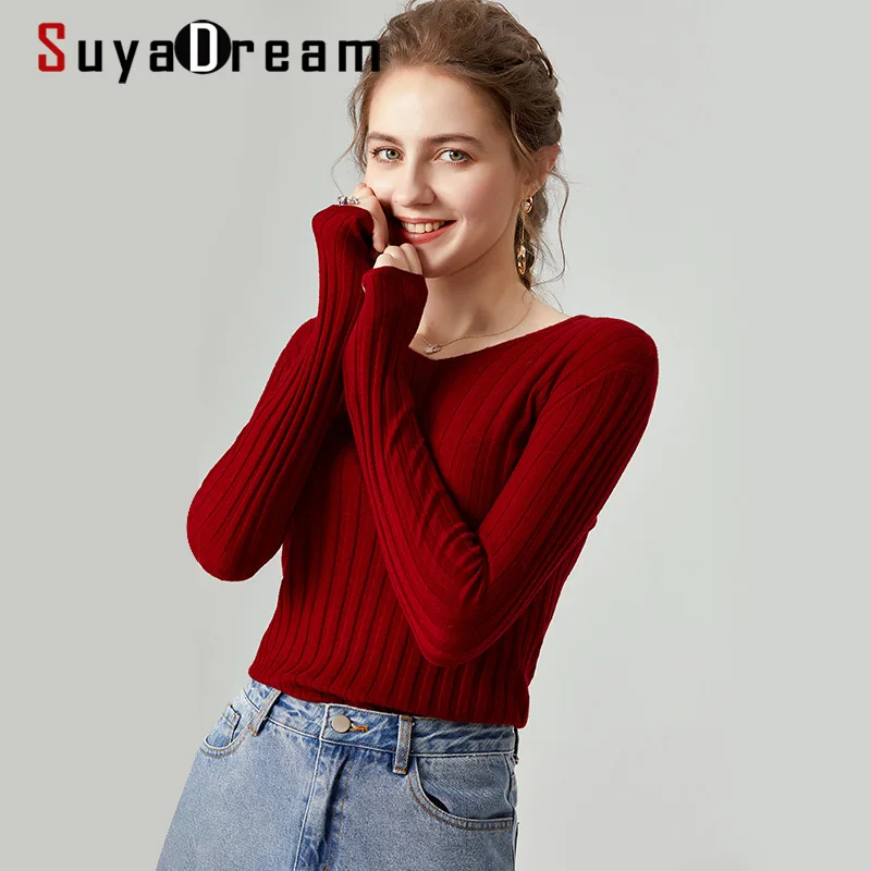 

SuyaDream woman Wool sweaters 100%Wool V neck Pullovers Long Sleeve Solid Slim Rib knits Sweaters 2020 Fall Winter Knit Top