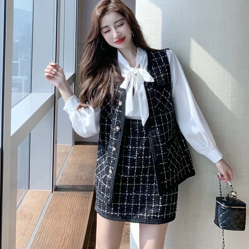 

Женский комплект из 2 предметов, клетчатый твидовый жилет + шифоновая рубашка с бантом и облегающая мини-юбка, Осень-зима 2021