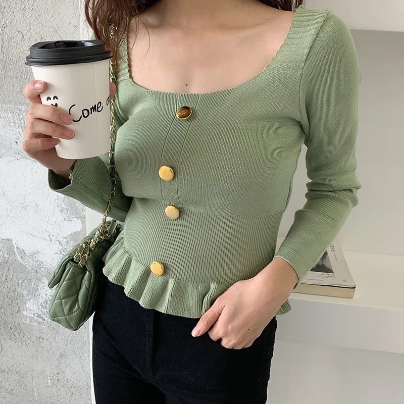 

Solid Square Collar Sweater Shirt Autumn Sweet Buttons Cropped Sweaters Women Full Sleeve Ruffles Crop Tops For Girls