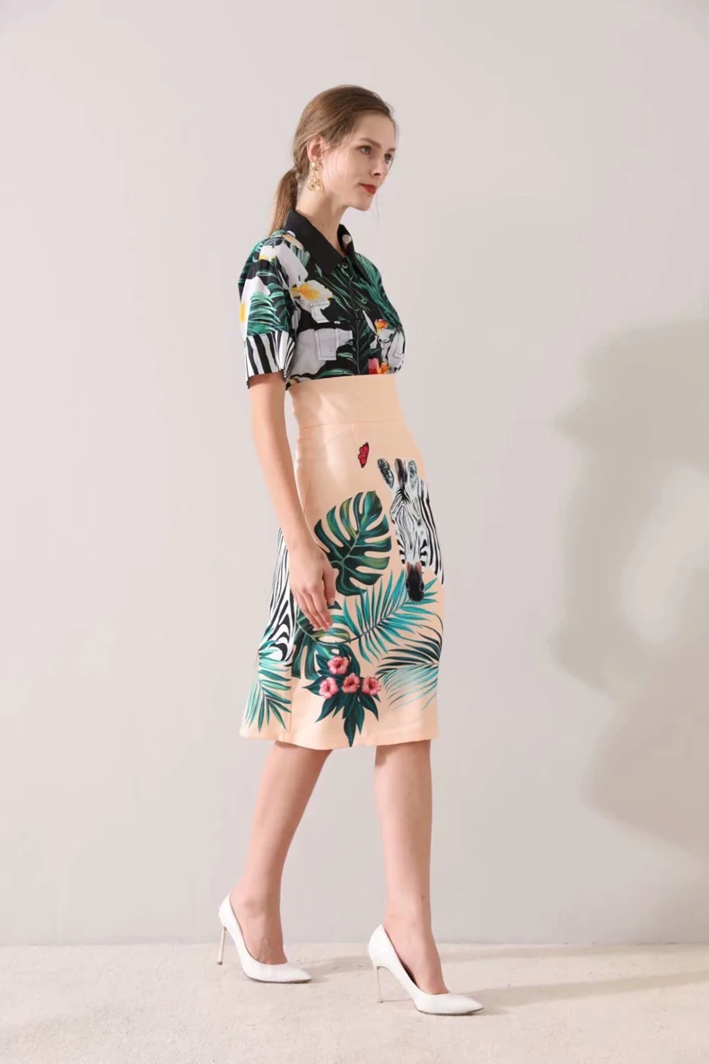 Women's Runway Designer Twinsets Turn Down Collar Short Sleeves Shirt with Empire Waist Skirt Two Piece Dress Set Suit |