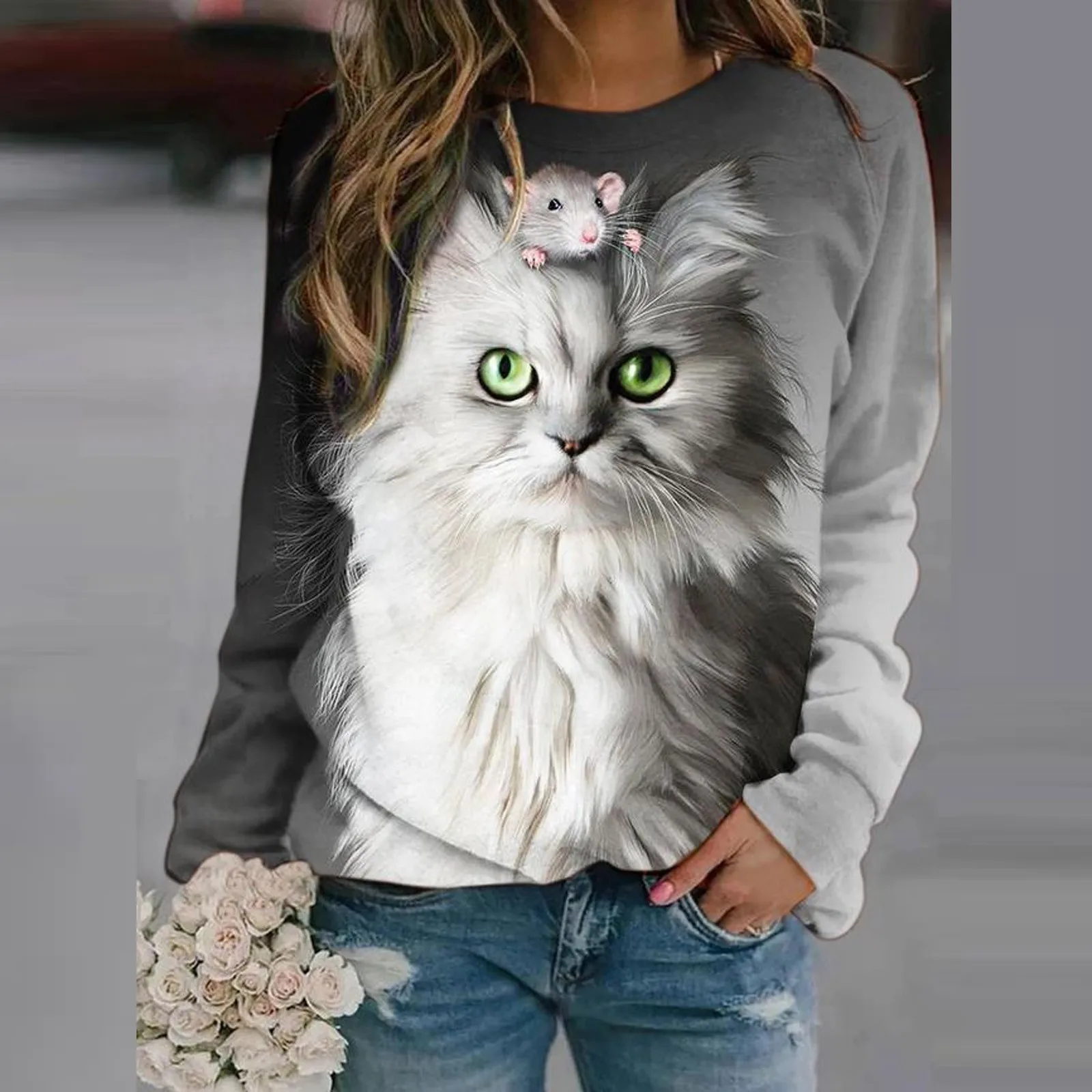 

Блузка Женская Свободная с длинным рукавом, круглым вырезом и принтом