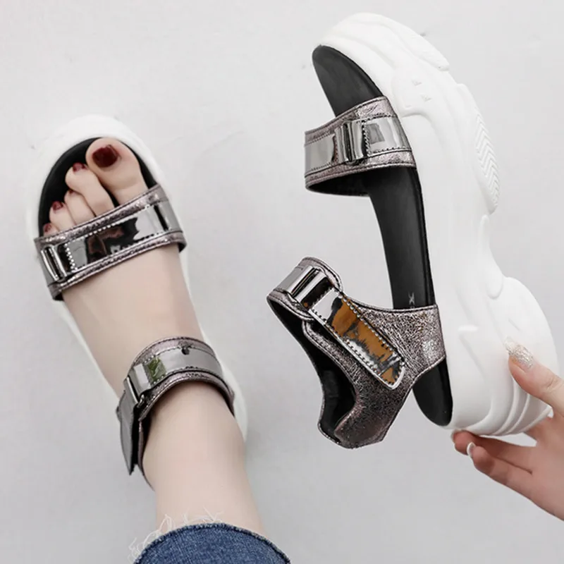 Platform Women's Sandals PU Leather Silver Casual Fashion Hook&ampLoop Ladies Shoes Wedge Women Beach 2048w | Обувь
