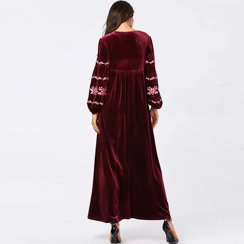 Цветочные бархатные abaya для женщин Дубай мусульманский кафтан женская одежда зима осень длинное платье Зеленый Кафтан vestido manga larga