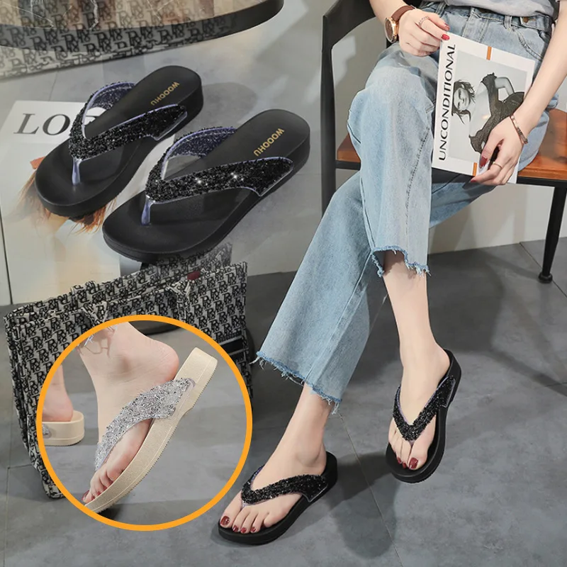 

2021 Summer New Mid-Heel Fashion Flip Flop Sandals Fashion Thick-Soled Outer Wear All-Match Flip Flops Beach Slippers Women Shoe