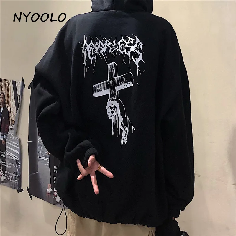 NYOOLO Harajuku street cross letters print thick warm hoodies Autumn winter long sleeve hooded pullovers Sweatshirt women men - Цвет: Черный