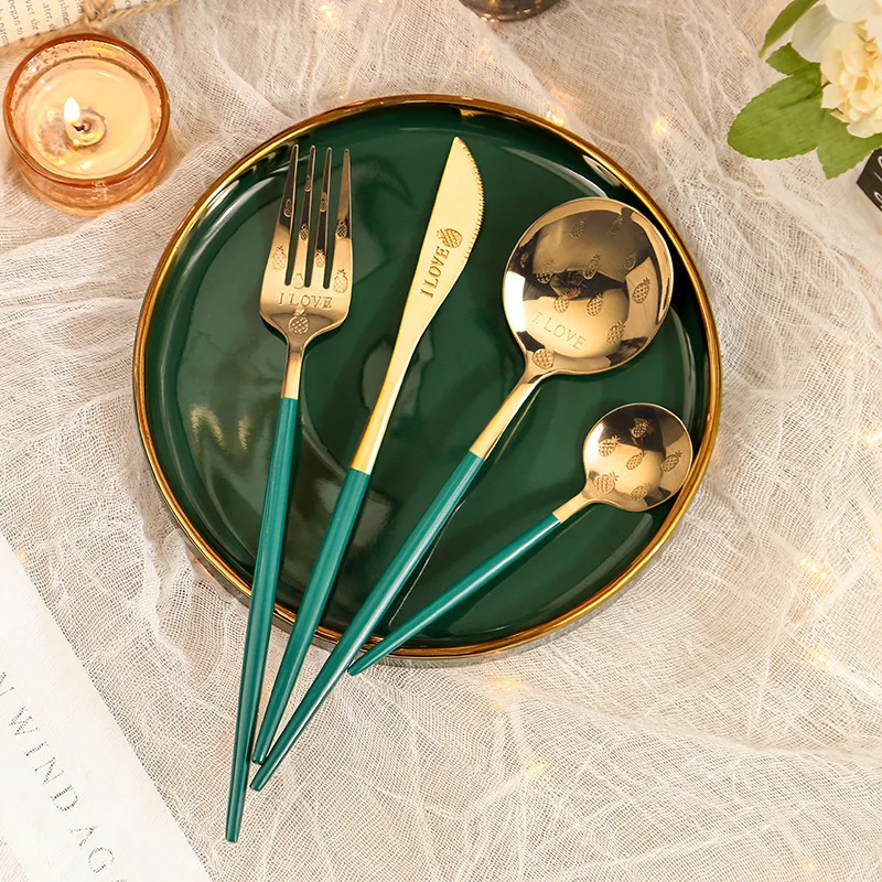 

2021New 304 Stainless Steel Portugal Cutlery Spoon Fork Knife Souvenir Shiba inu Pineapple Stencil Tableware Gift Dinnerware Set