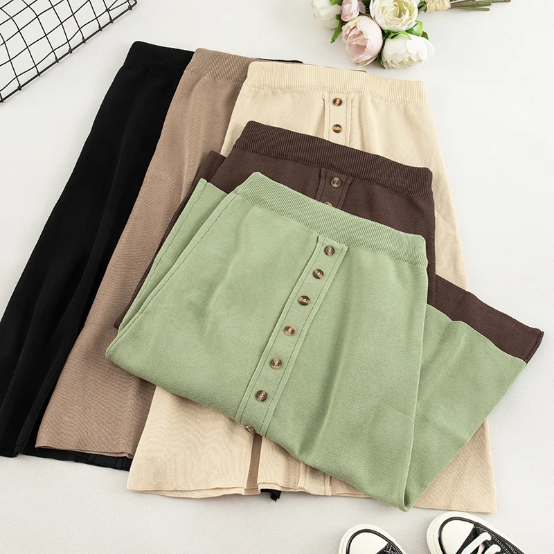 SINGRAIN популярная вязаная женская юбка трапециевидной формы с пуговицами длинные