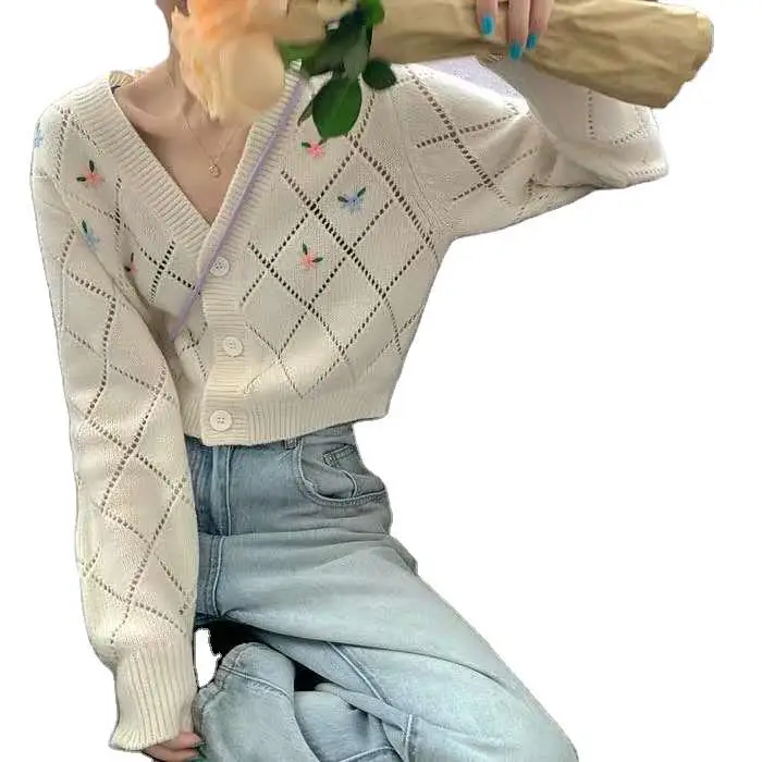 

Short Style 2021 Spring College Style Flower Print Knitted Coat Loose Retro V-neck Cute Light Green Sweater Cardigan Blouse
