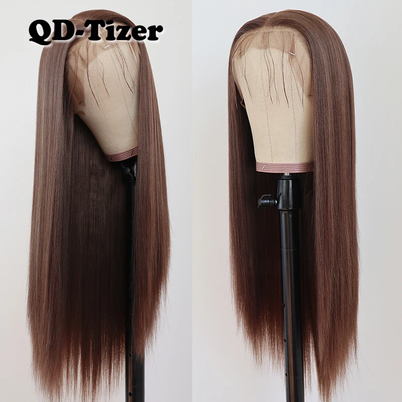 QD-Tizer Brown Pink Burgundy Wig Synthetic Lace Front Wig Glueless Long Straight Synthetic Hair Soft Hair Heat Resistant Fiber