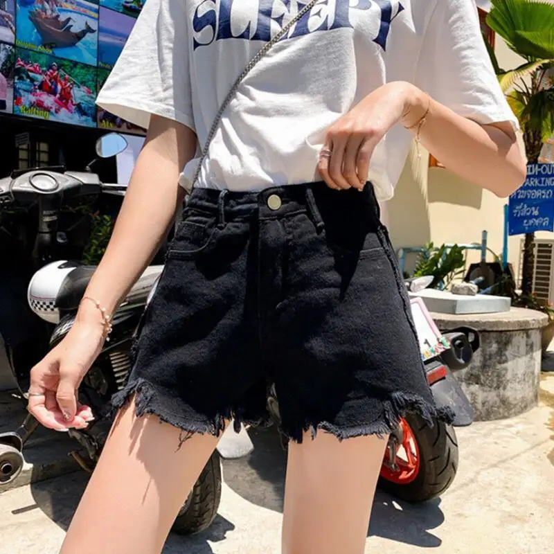 

Summer Denim Shorts Women Girl Korean Style Casual Cuffed Tassels Ripped Holes Black Jeans Shorts Casual Hot Pants N0088