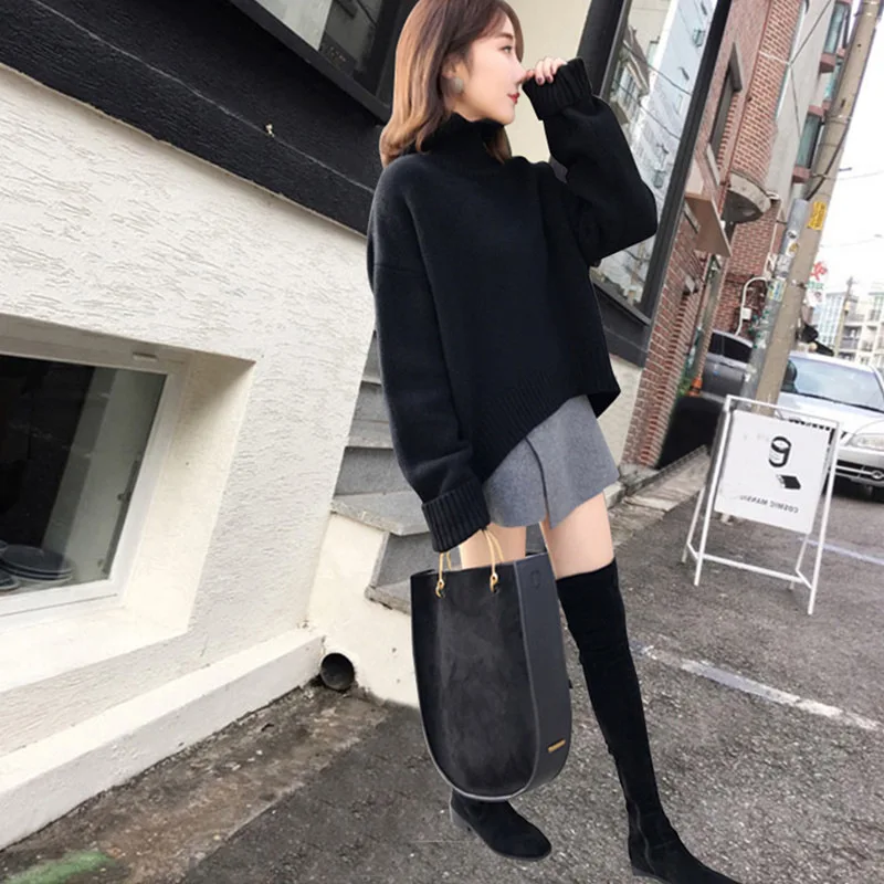 Женские вязаные Джемперы свободные и удобные свитера с высоким воротником зима