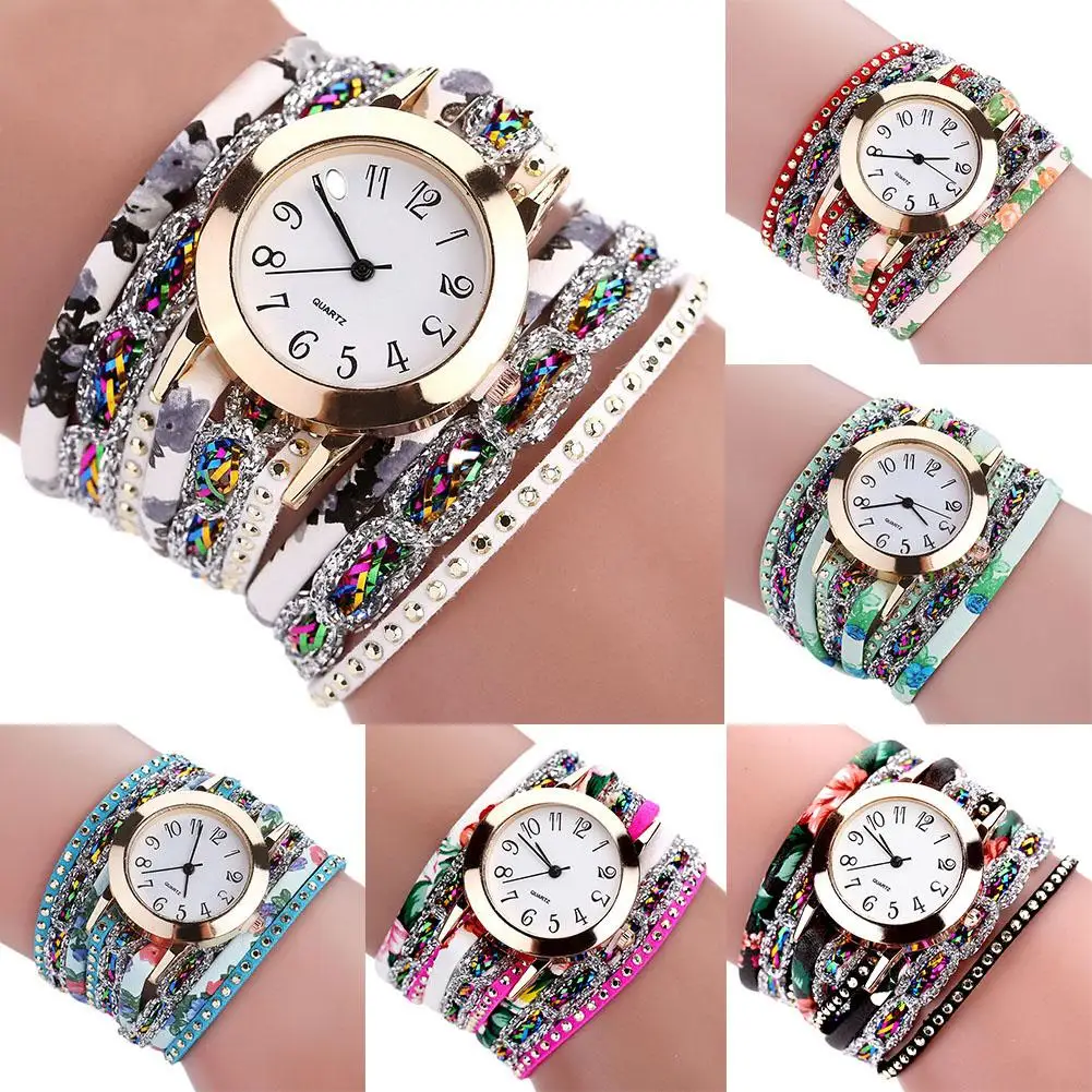 

Luxury Women Round Dial Analog Rhinestone Floral Winding Bracelet Quartz Watch