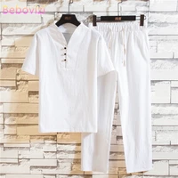 plus size m 5xl black white summer cotton linen hanfu sets kung fu chinese style suit men traditional tang tops pants clothes