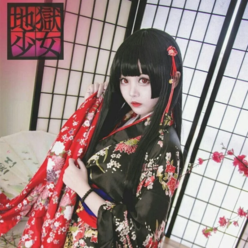 100 см черные длинные прямые волосы Jigoku Shoujo Enma Ai Аниме косплей костюмы