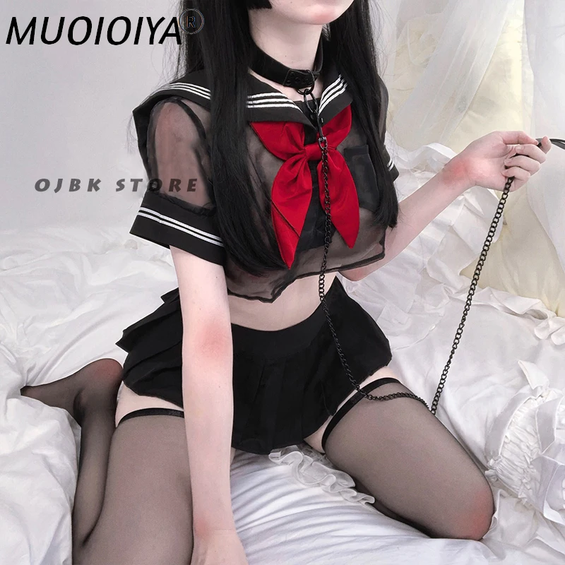 

Sexy Cosplay Costume Student Sailor with Black and Pink color uniform Kwaii transparent Lolita Top Skirt Panty Erotic Roleplay