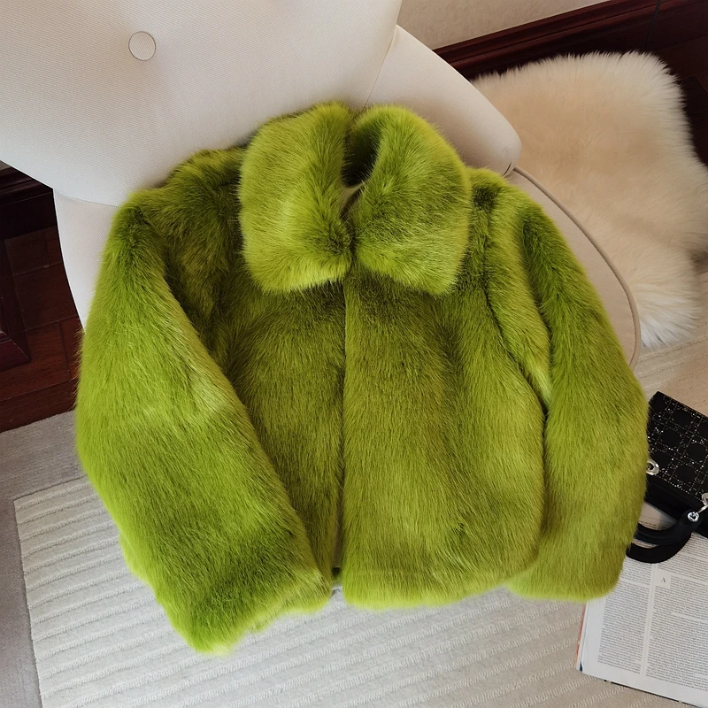 

Green Short Fur Coat 2021 Autumn Winter High Quality Faux Fur Coat Women Fashion High Waist fluffy coat Jacket