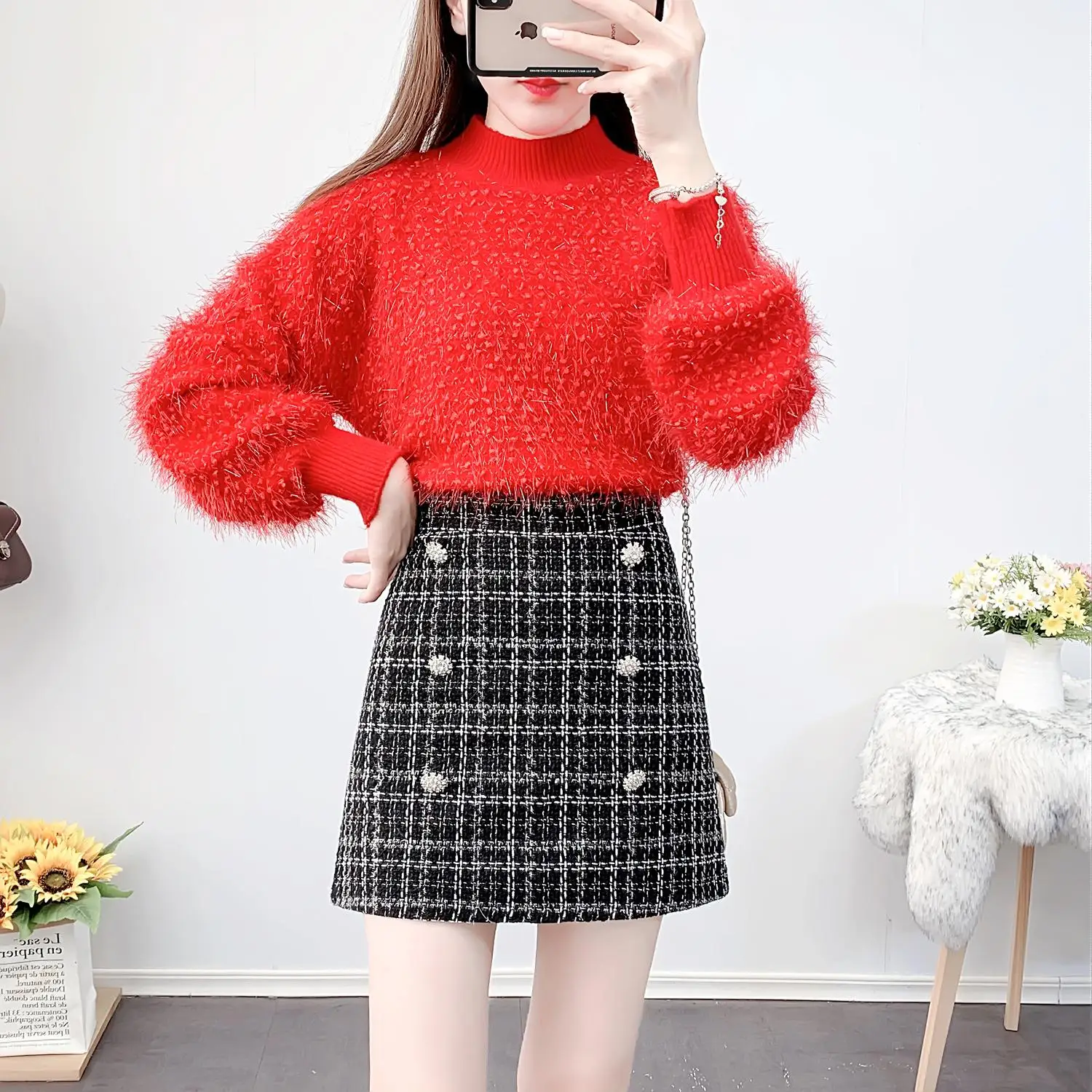 

imitated mink sweet outfit suits loose pullover sweater grid skirts two-piece outfit women clothing set set warm knitwear SALE