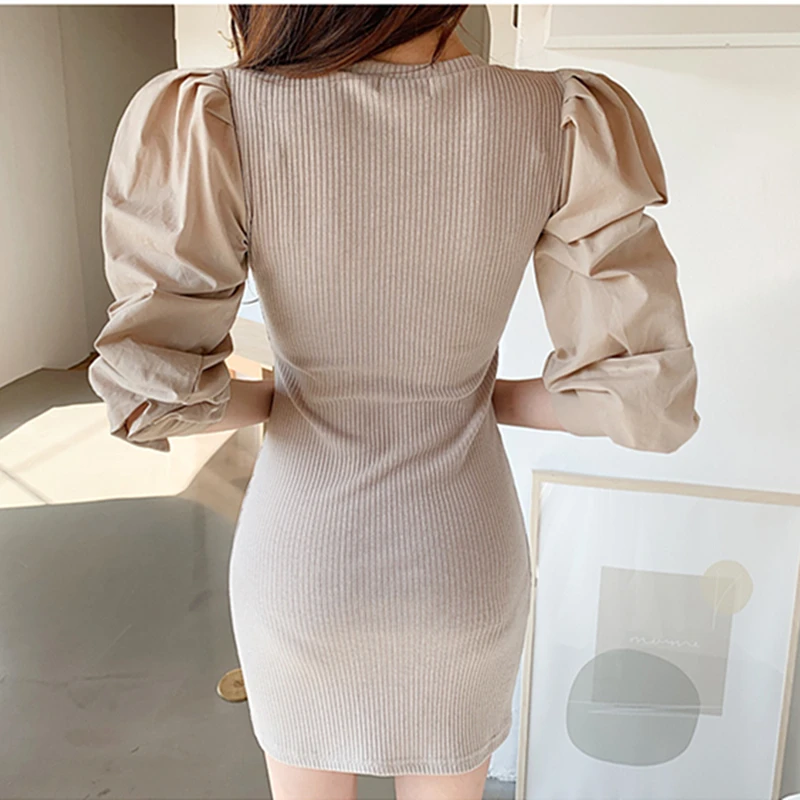 Осень-зима 2020 Новое корейское стильное вязаное платье с круглым вырезом и