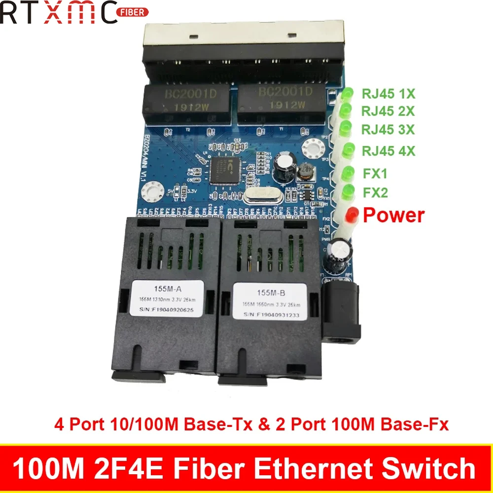Коммутатор Ethernet с 4 портами Fast Erhetnet 2F4E 10/100 м 2 волоконных порта SC 25 км UTP RJ45