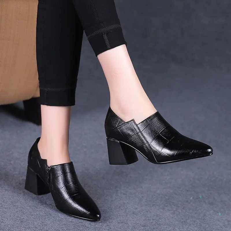FHANCHU 2022 New Women Pumps,Square High Heels,Soft PU Leather Work Shoes For Office Lady,Pointed Toe,Side Zip,Black,Dropship