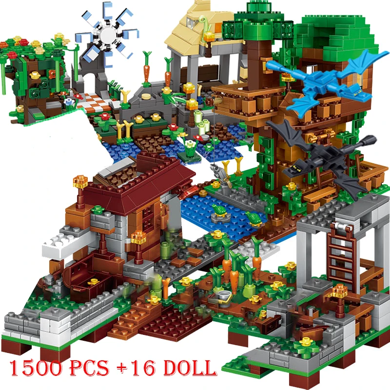 Neue 1500 + Puppe Mine Cave Berg Wasserfall Dorf Dschungel TreeHouse Bauernhof Modell Zahlen Bricks Sets Bausteine Spielzeug Geschenke