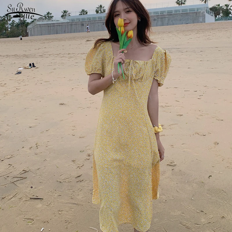 

2021 Sexy Square Collar Long Dress White Summer French Floral Beach Dress Yellow Printing Party Dress Robe Femme 14689