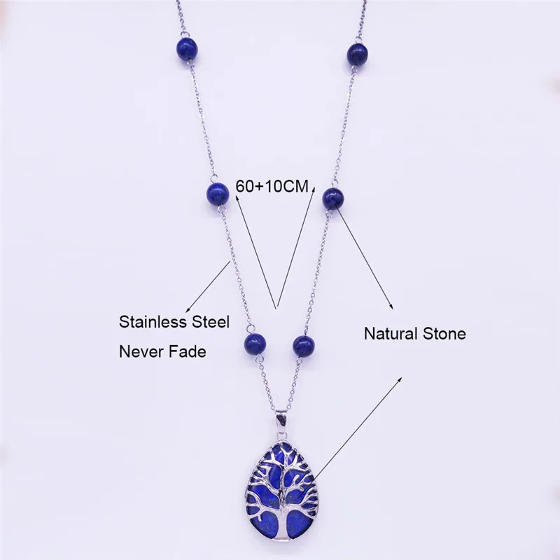 

Tree of Life Natural Stone Stainless Steel Long Beads Necklaces Women Blue Color Necklaces & Pendants Jewelry colgantes NF1S04