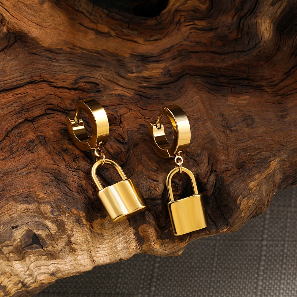 

New Trendy Geometric Heart Lock Drop Earrings for Women Men Gold Color Stainless Steel Round Ball Cross Pendant Earrings Gifts