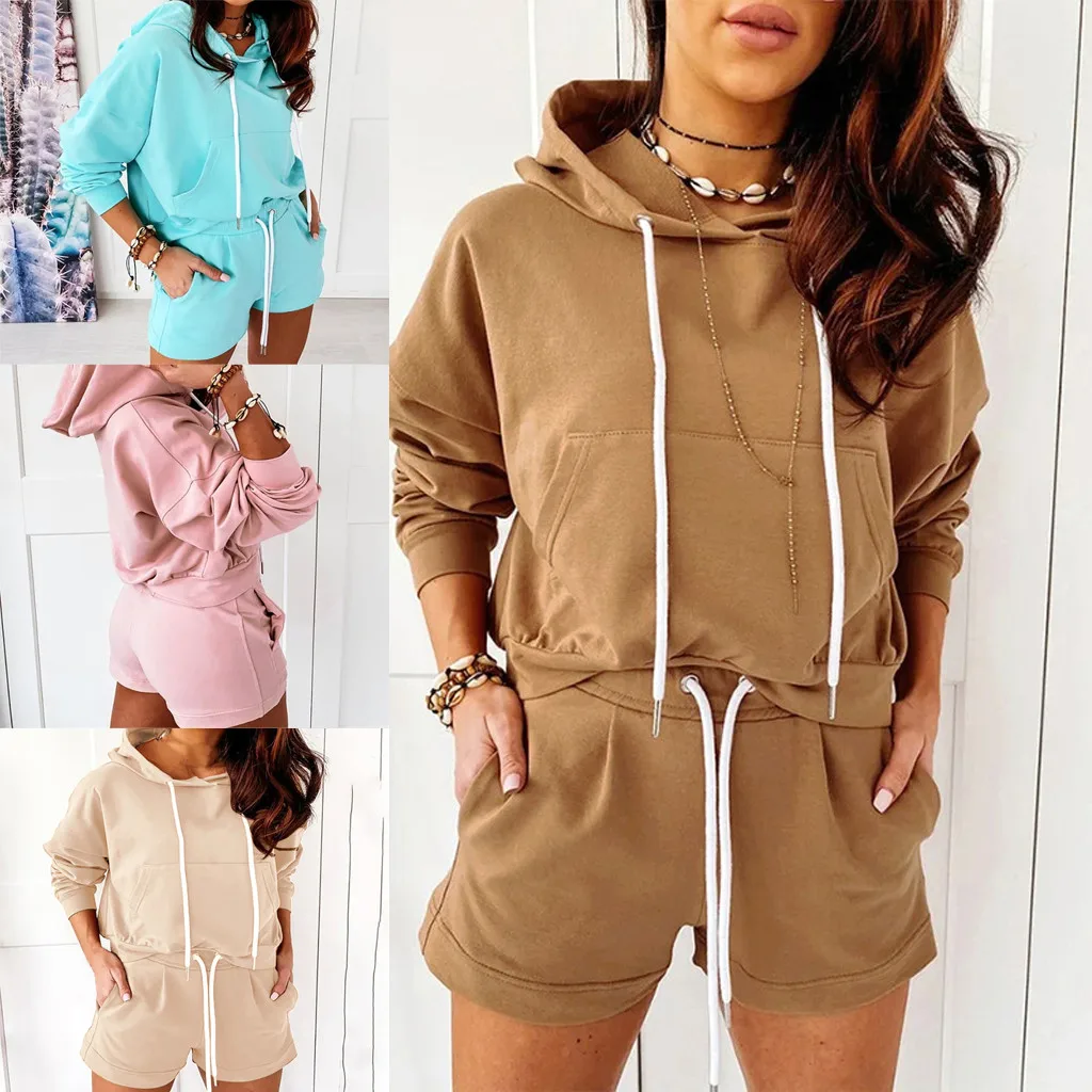 Женский Повседневный осенний комплект из двух предметов однотонная Толстовка с