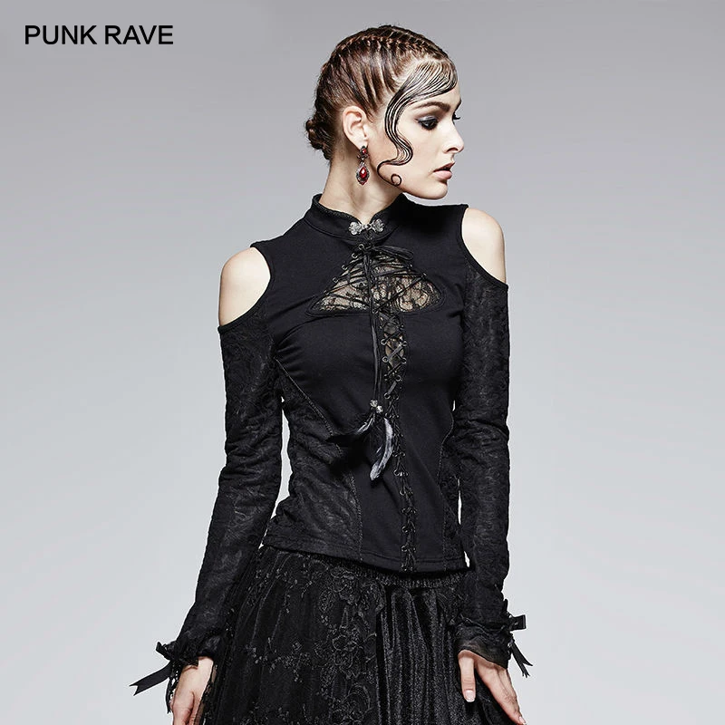 Женская футболка с воротником стойкой в стиле панк Готическая Весенняя ретро