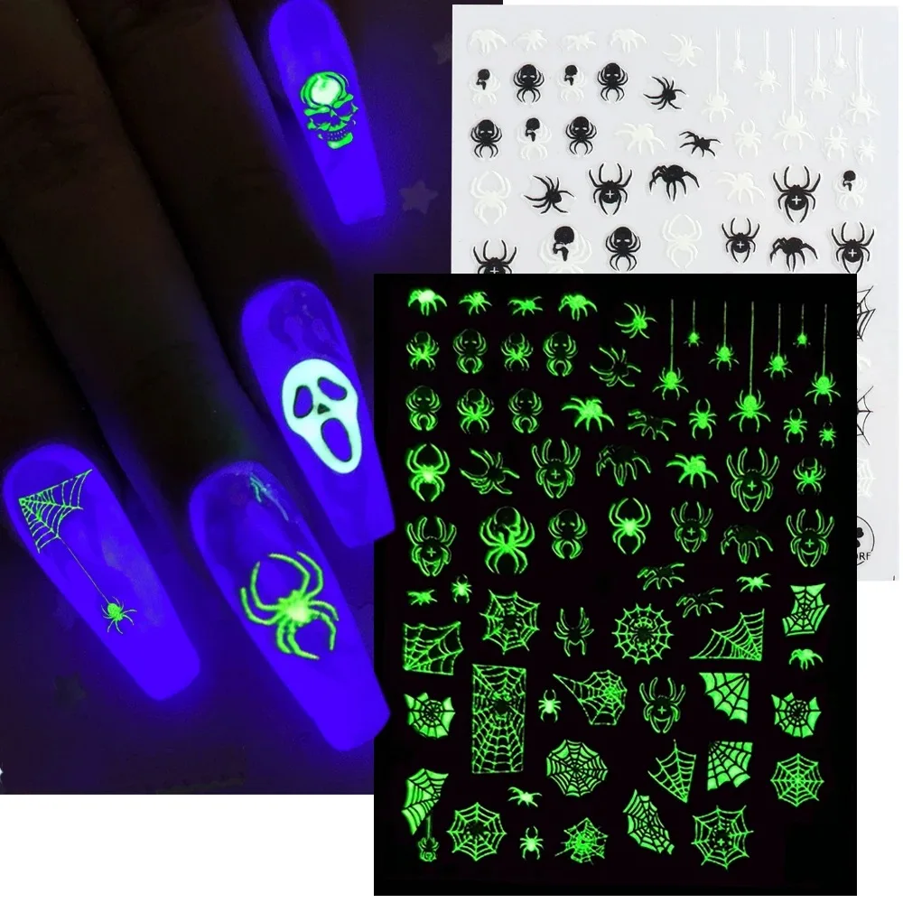 

3D Halloween Nail Art Slider Glow In The Dark Luminous Nail Sticker Pumpkin Spider Star Moon Decals Polish Decors 2021 New