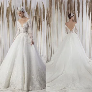 2021 Long Sleeve Wedding Dresses Elegant V Neck Lace Applique Bridal Gowns Custom Made Backless Sweep Train A-Line Wedding Dress