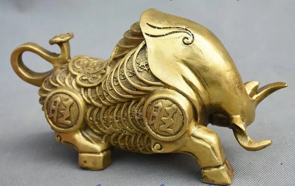 7&quot Chinese Folk Feng Shui Brass Wealth Coin Rich strong Zodiac Bull Oxen Statue | Дом и сад