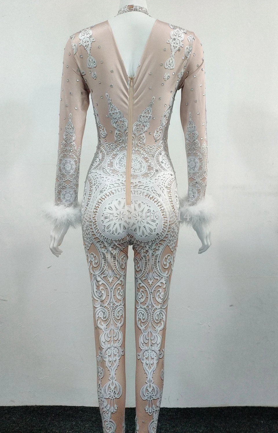 Сексуальный белый кружевной боди со стразами и перьями женский комбинезон для