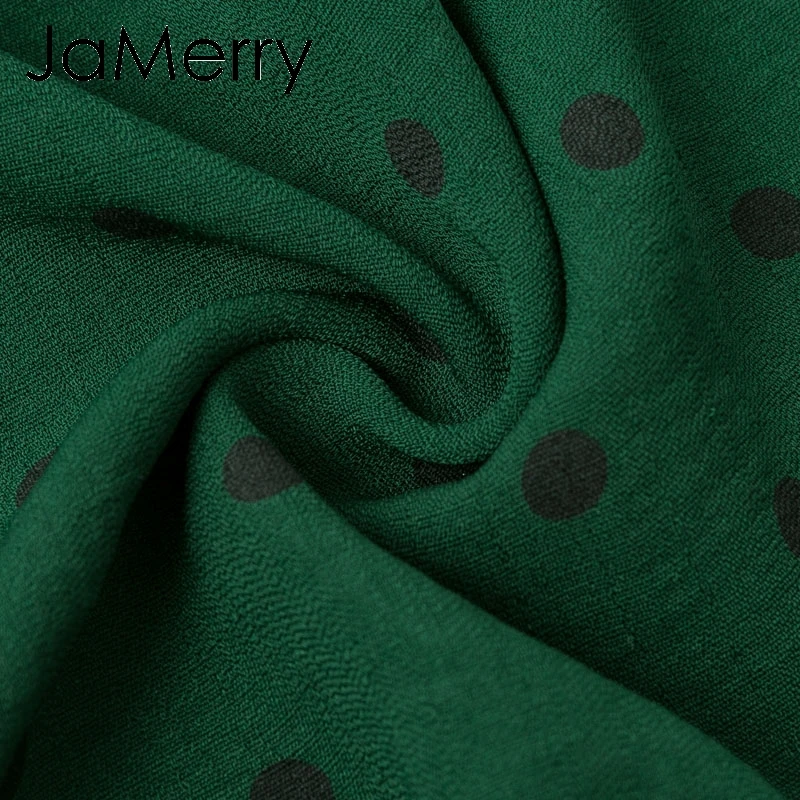 JaMerry винтажные элегантные пуговицы в Горошек женский Печатный принт блузка рубашка рюшами фонарь рукав зеленый топ Осень Зима повседневные блузки