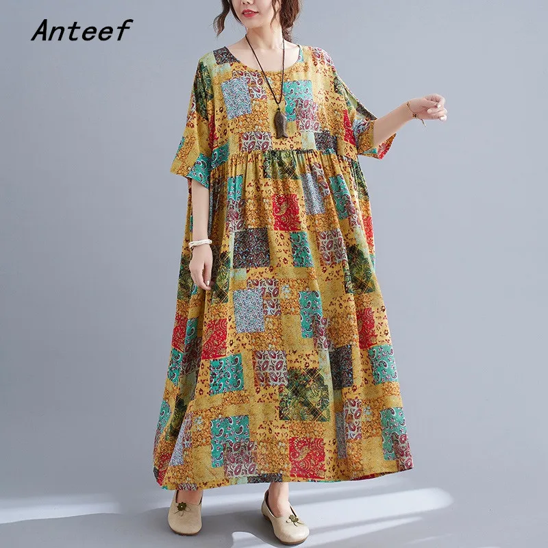 

Женское винтажное платье с коротким рукавом, повседневное Свободное длинное летнее платье, элегантная одежда 2022