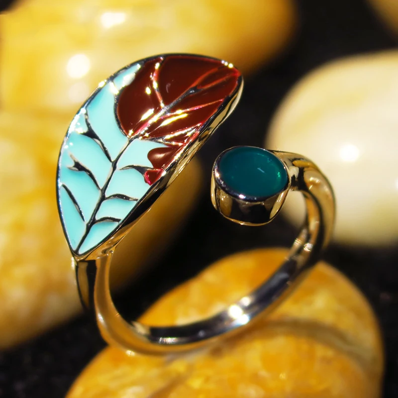 Модные большие зеленые коричневые кольца с листьями для женщин винтажные