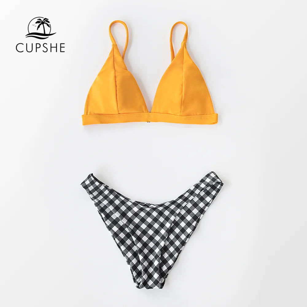 Комплект бикини CUPSHE желтый с пестрыми треугольниками сексуальные купальник