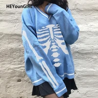 heyoungirl skull print v neck oversized sweater harajuku casual loose knitted top pullovers korean punk ladies jumper winter