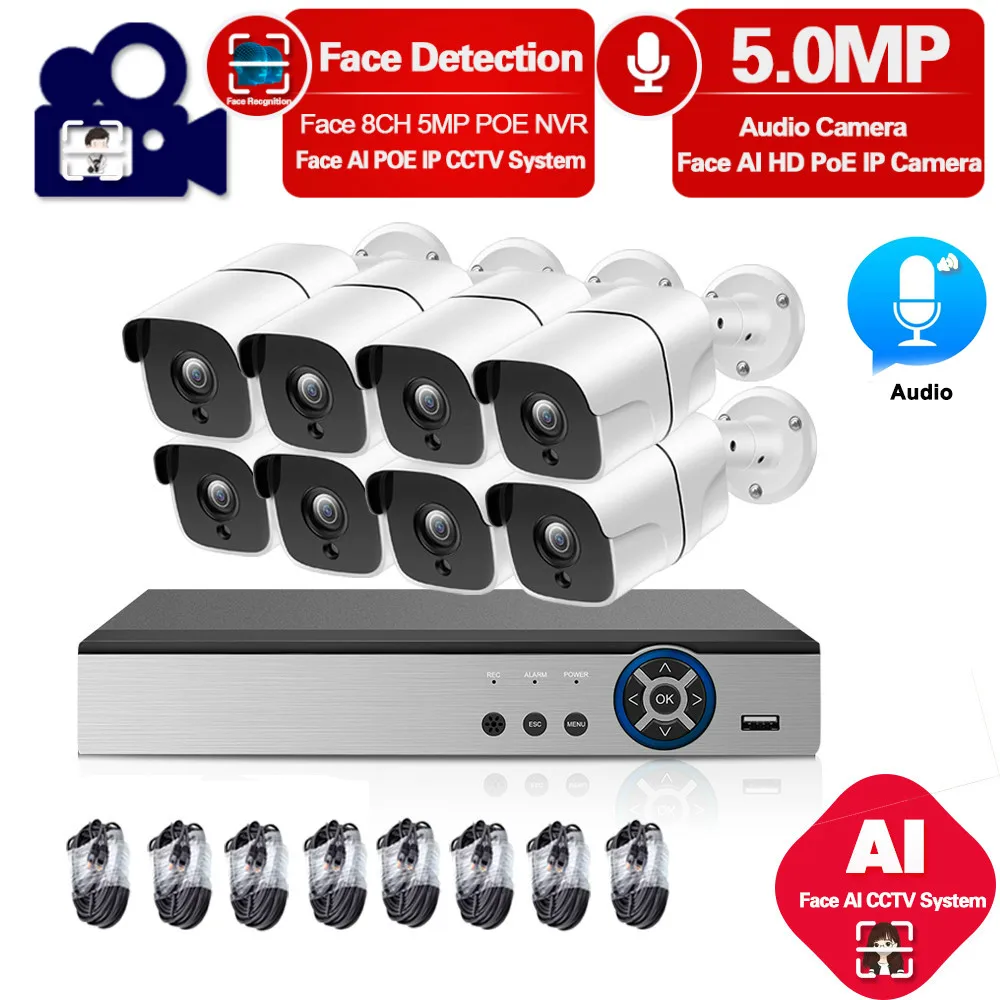 5MP HD POE NVR Kit 8ch CCTV безопасности Системы аудио мониторинг IP камеры наружное
