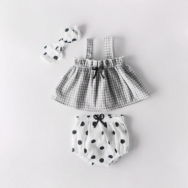 

3pcs Summer Baby Girl Set Style Baby Plaid Sleeveless Sling Tops + Bread Trousers + Hairband Baby Girl Three-piece Suit