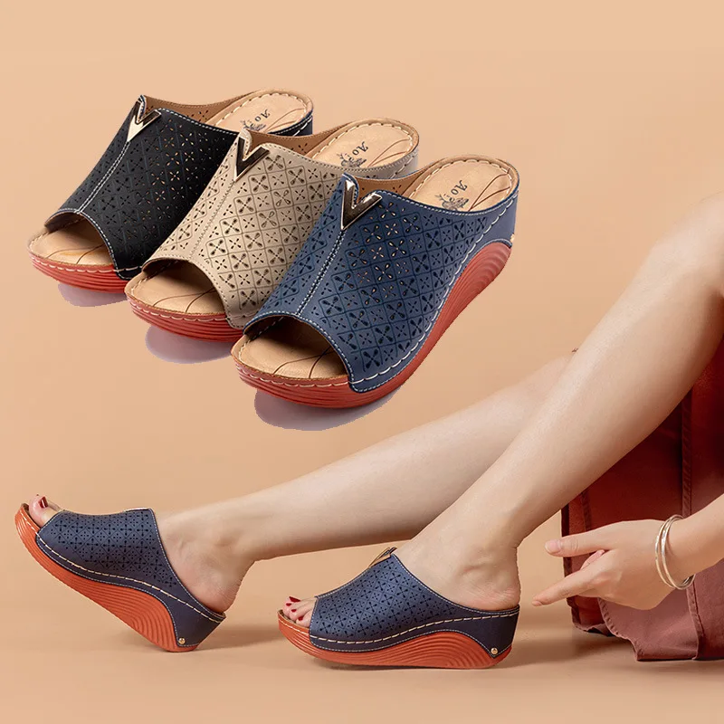 

Plus Size Solid Womens Sandals Peep-toe Thick Platform Non-slip Summer Casual Ladies Slipper High (5cm-8cm) Student Beach Slides