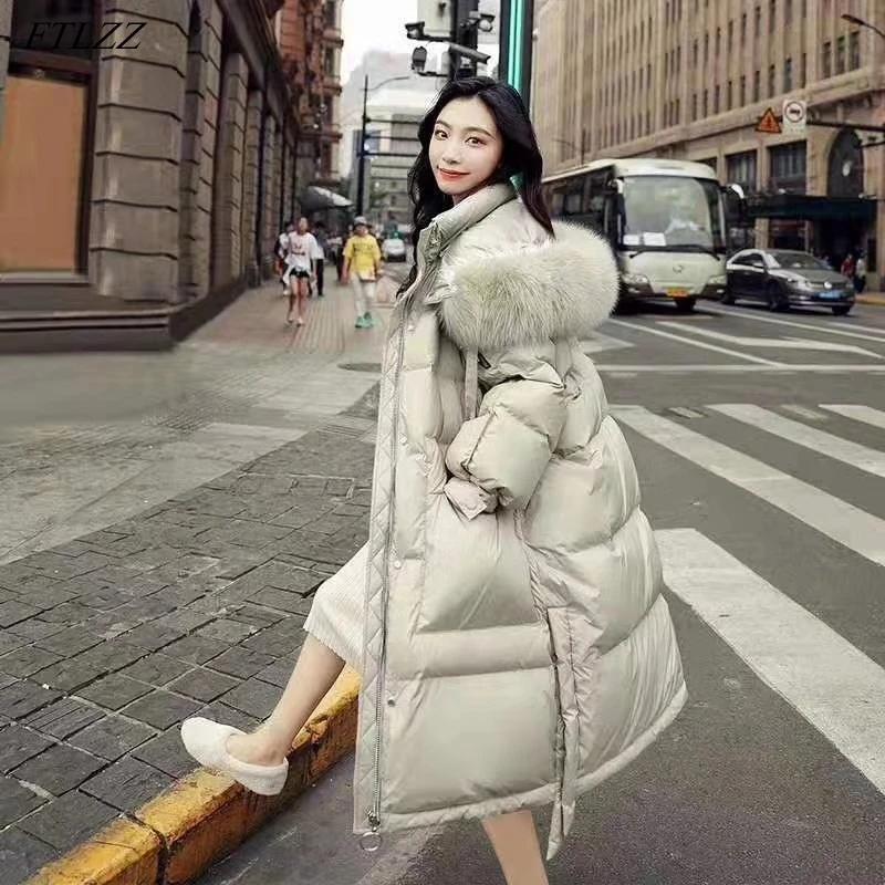 

FTLZZ New Winter Women Loose Big Real Fur Collar Hooded Long Down Coat 90% White Duck Down Parka Warm Snow Thickness Outwear
