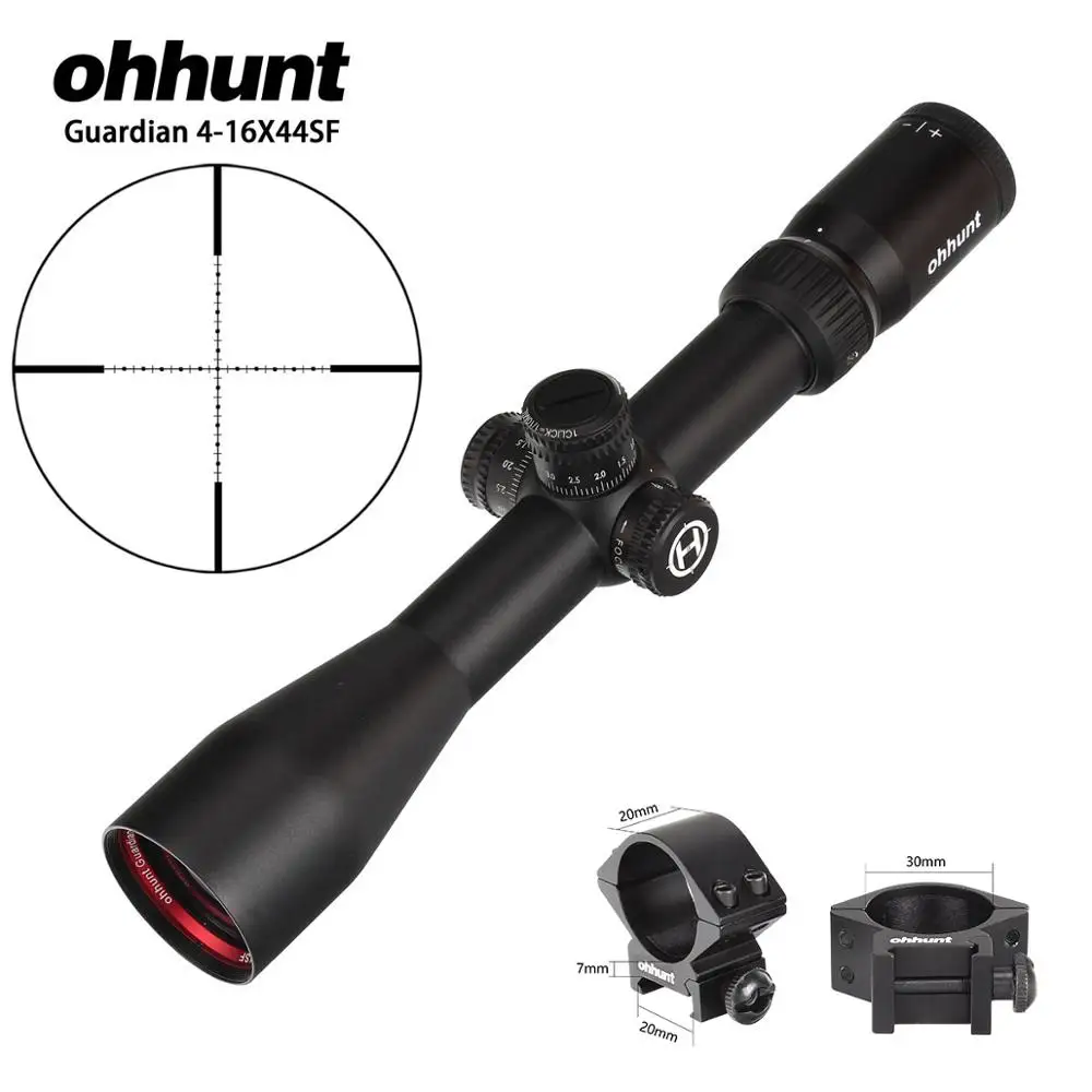 Охотничий ohhunt Guardian 4-16X44 SF прицел 1/2 полумиллиметровая точка сетка боковая Parallax башенки замок сброс тактические оптические прицелы - Цвет: with Picatinny Rings