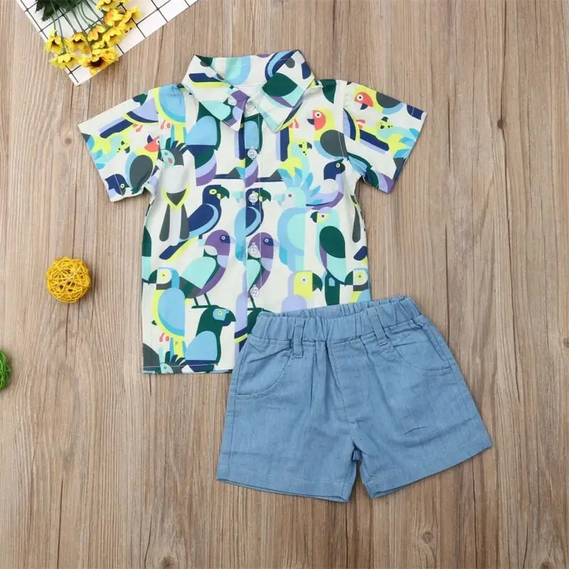 Summer Infant Boys Baby Kids 1-5Y Clothes Sets Short Sleeve Parrot Print Shirts Tops Shorts Pants Outfits | Детская одежда и обувь