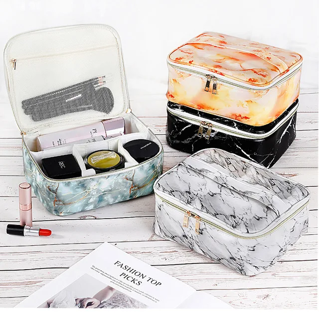 

PU Traveling Makeup Organizer Marble Grain Design Makeup Storage Box Large Capacity Cosmetic Organizer Portable Make Up Bag